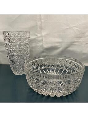 Set Of 2 American Brilliant Glass Vase & Bowl  Buttons & Diamonds